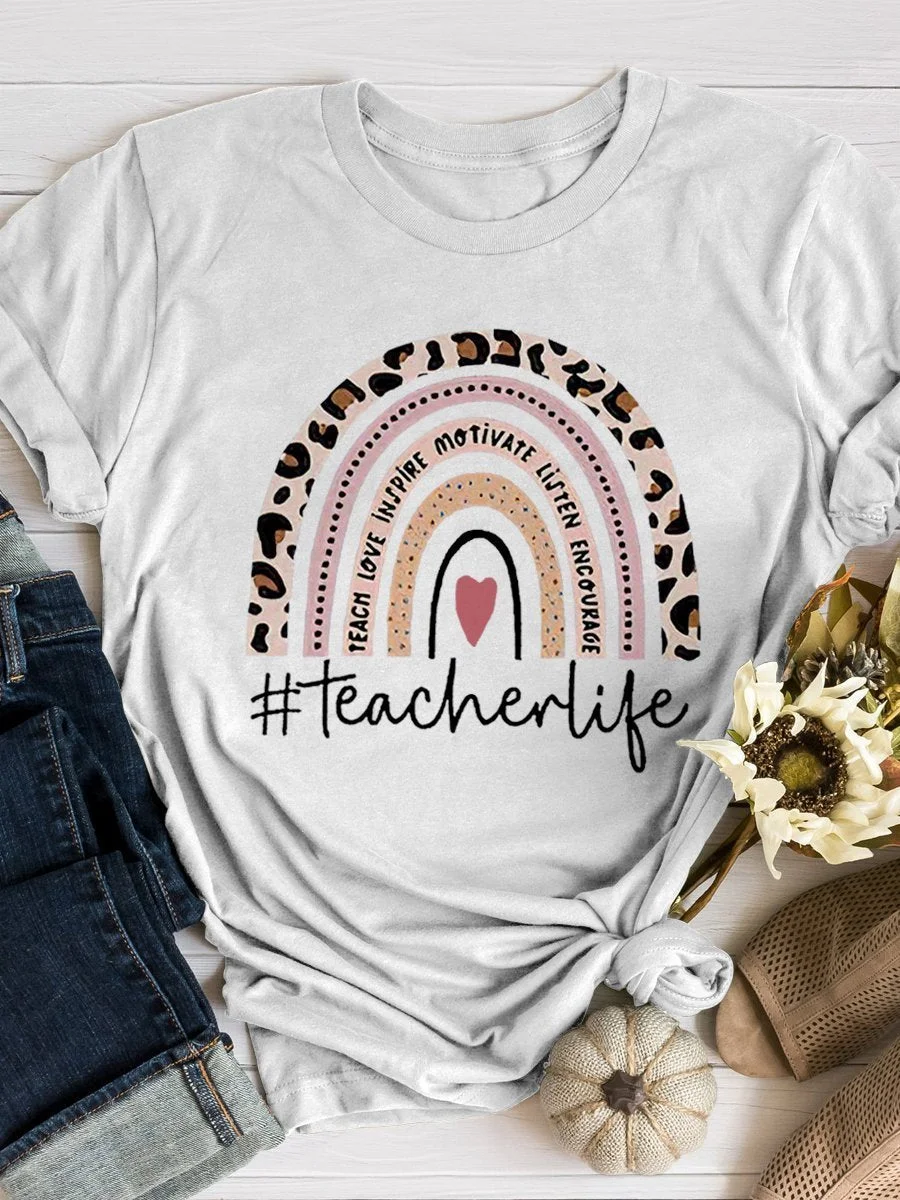 Rainbow Teacher Life Print Short Sleeve T-shirt
