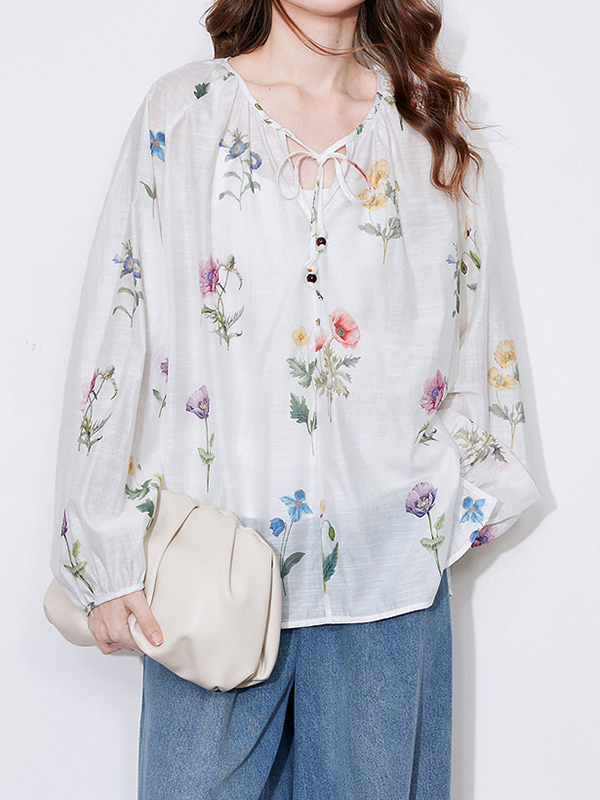 Lantern Sleeve Floral Print Tie Up Notched Neck Shirt