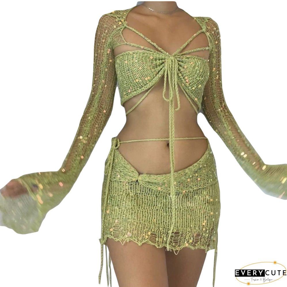 Women's Sequined Knitting Long Sleeve Three-Piece Skirt Set