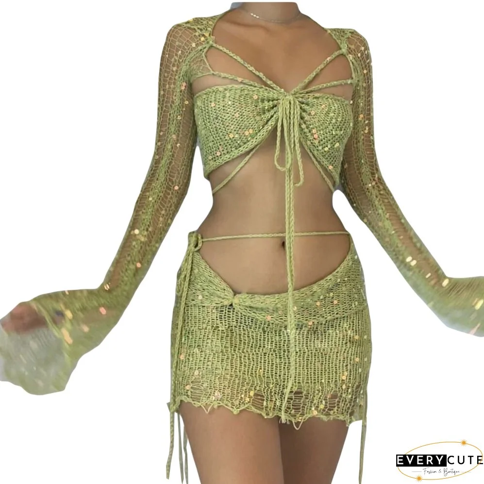Women's Sequined Knitting Long Sleeve Three-Piece Skirt Set