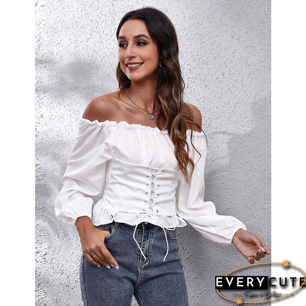 White Off Shoulder Slim Fit Lace-up Blouse