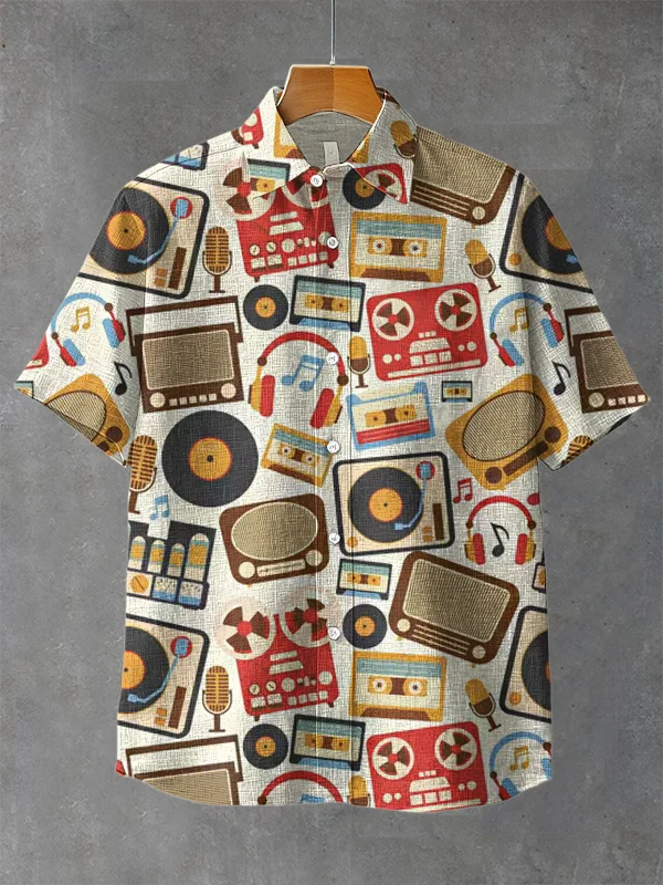 Men's Retro Music Elements Print Short Sleeve Shirt