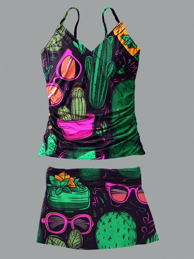Cactus Art Print Halter Bikini V Neck Set Swimsuit