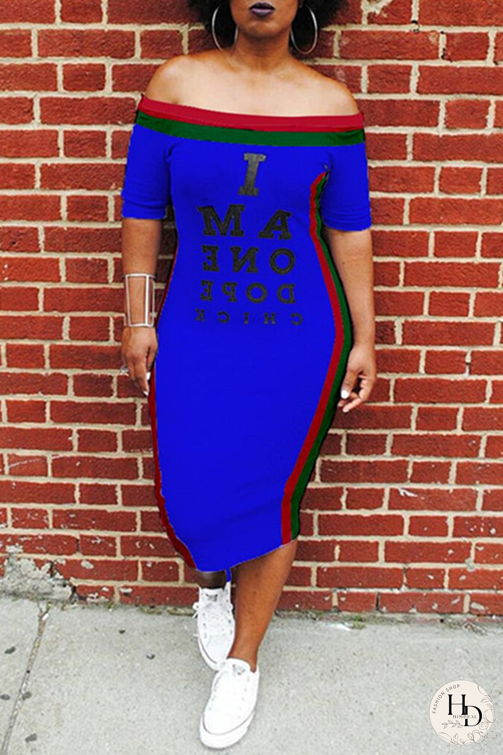 White Sexy Fashion Off The Shoulder Short Sleeves One word collar Step Skirt Mid-Calf Print Patchwork Pri