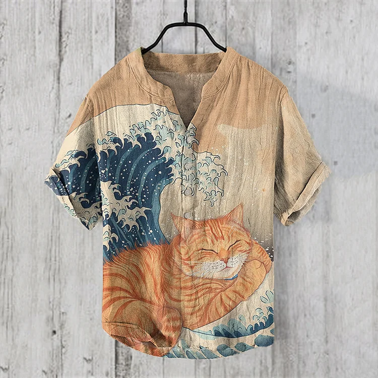 Japanese Orange Cat Huge Waves Art Print Henry Collar Shirt