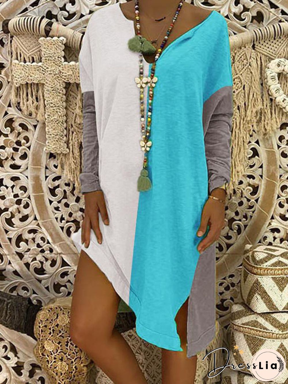 Slit Casual Shift Long Sleeve Knitting Dress