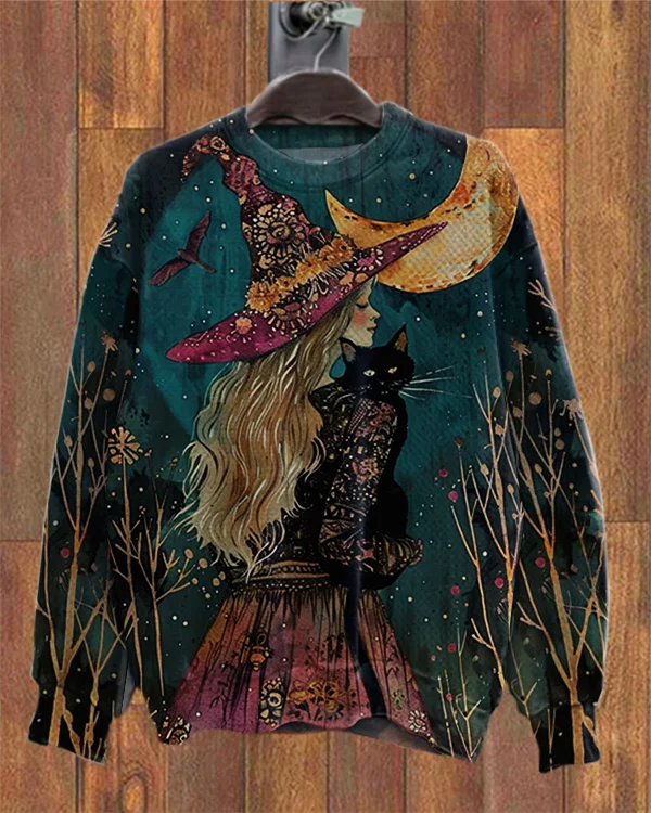 Night Witch And Cat Halloween Print Loose Sweatshirt