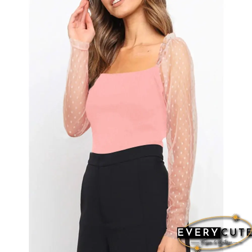 Pink Slim Fit Ribbed Splicing Lace Long Sleeve Tops