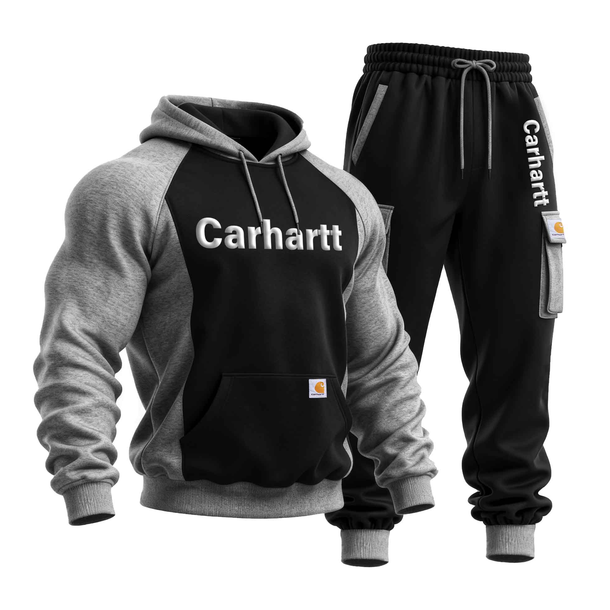 Men's Vintage Foam Print Black And Gray Color Block Pocket Hoodie And Sweatpants Jogger Set