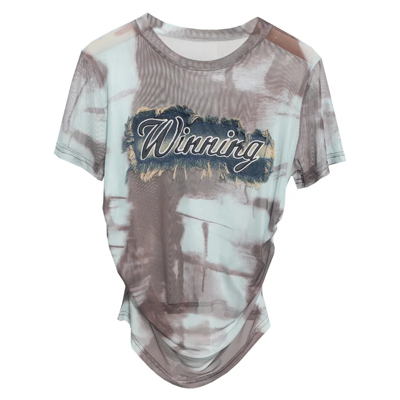 Churchf Real Shooting Embroidery With Straight Shoulder Short-Sleeved Mesh T-Shirt Fold Irregular Perspective Hood Top 25821