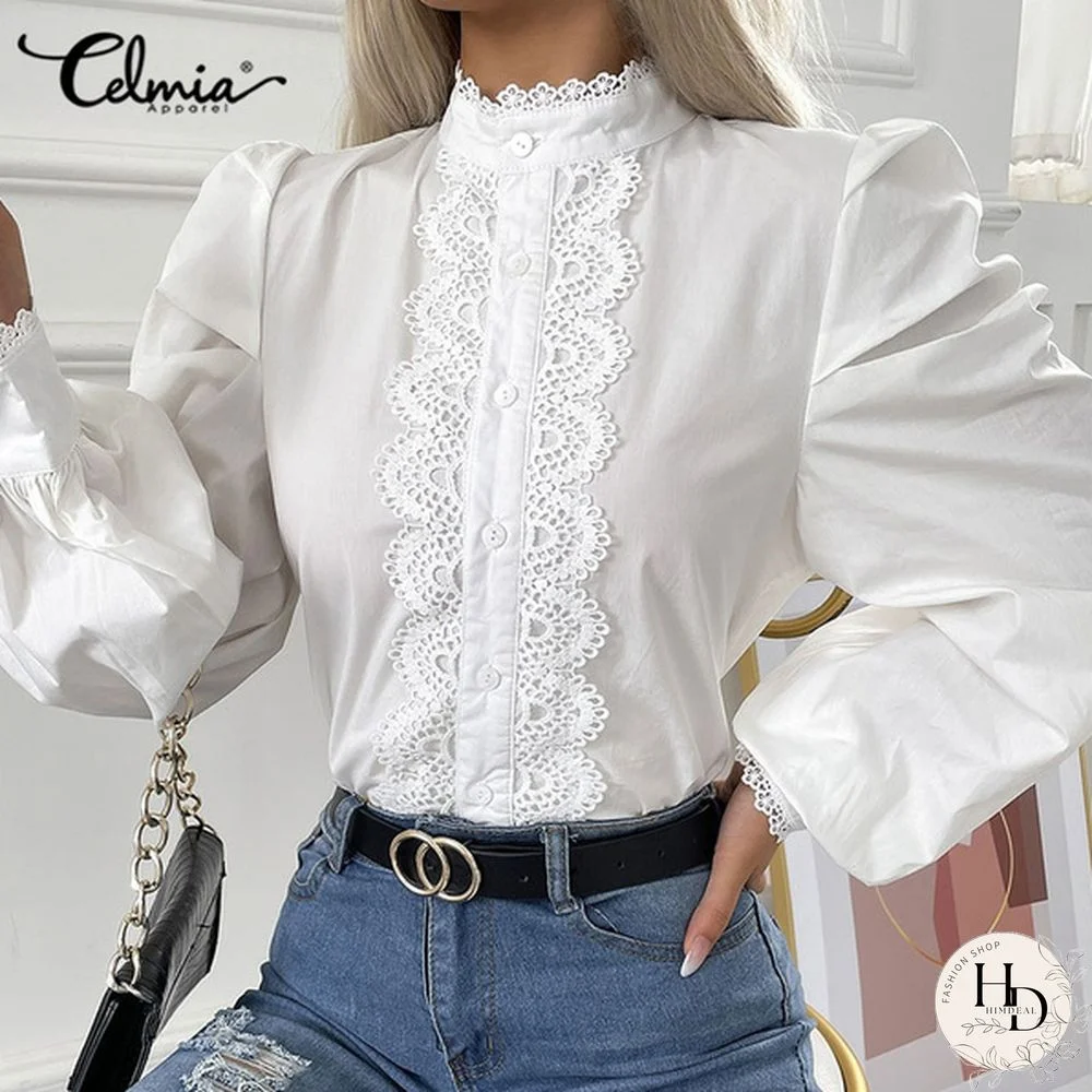 Elegant Womens Lace Stitching Blouse Tops Puff Long Sleeve High Collar Solid Casual Shirt Spring Autumn