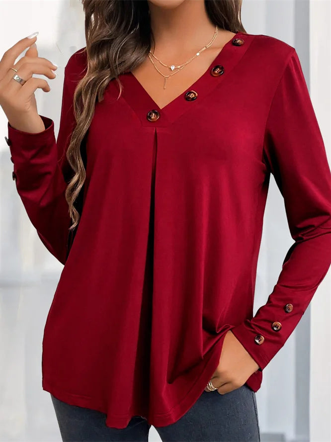 Women Long Sleeve V-neck Solid Button Tops