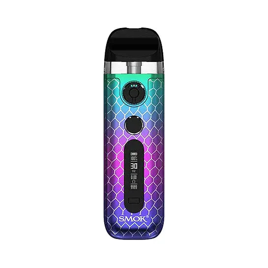 SMOK Novo 5 pod system in purple, blue, green gradient with scale texture, 30W display.