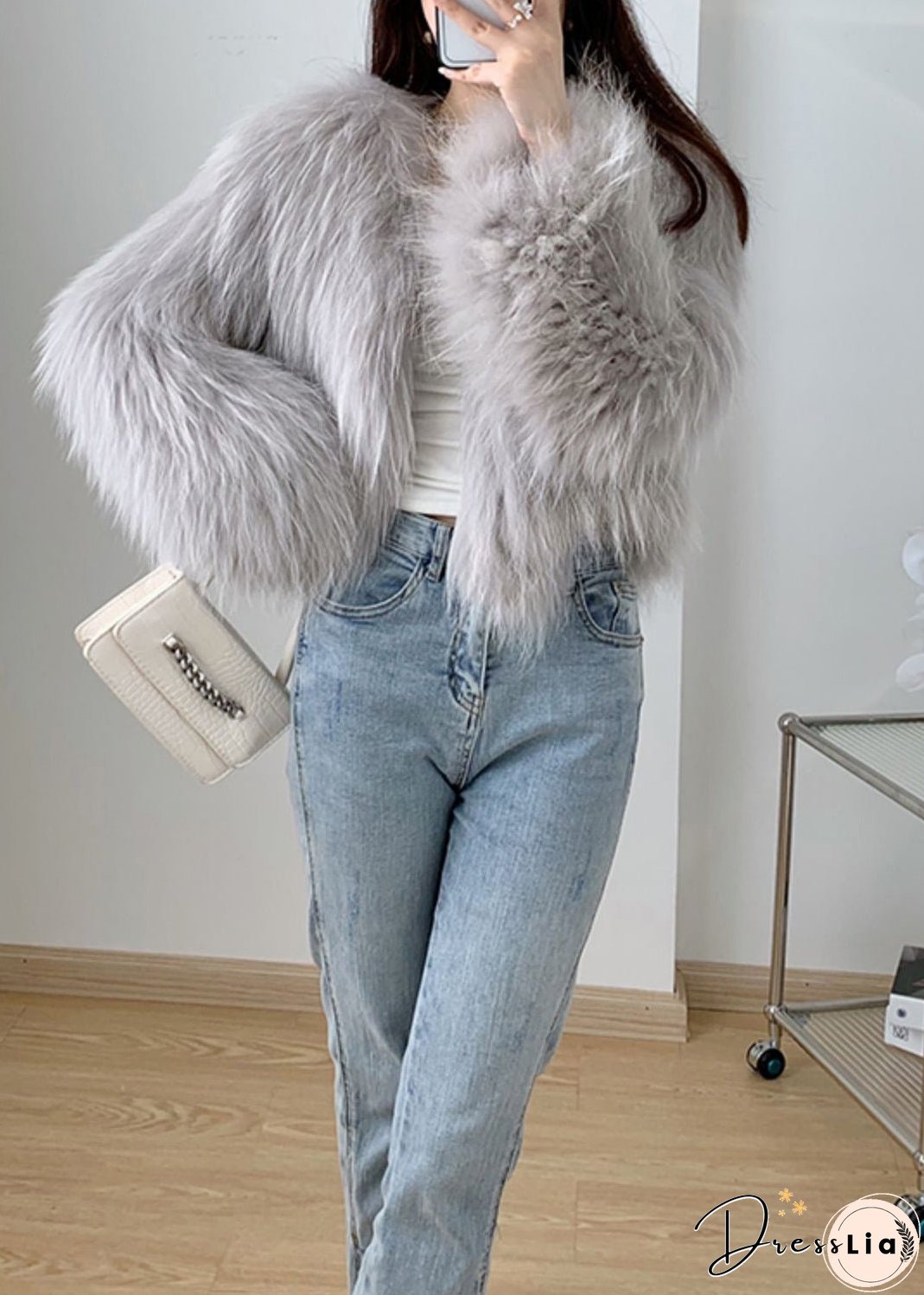 Light Grey Patchwork Faux Fur Coat V Neck Winter