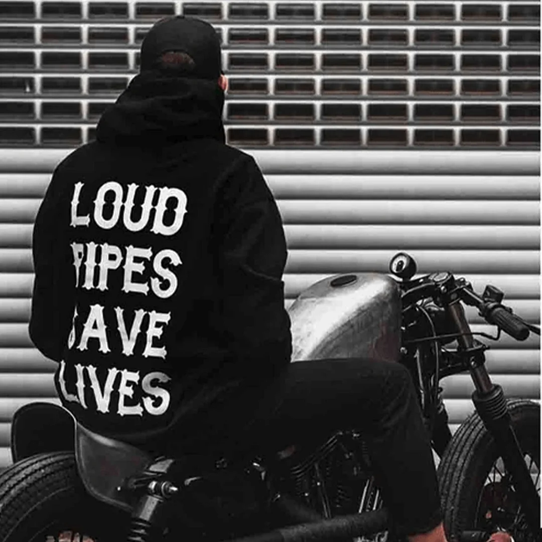 MOTOSUNNY LOUD PIPES SAVE LIVES Letter Monogram Black Print Hoodie