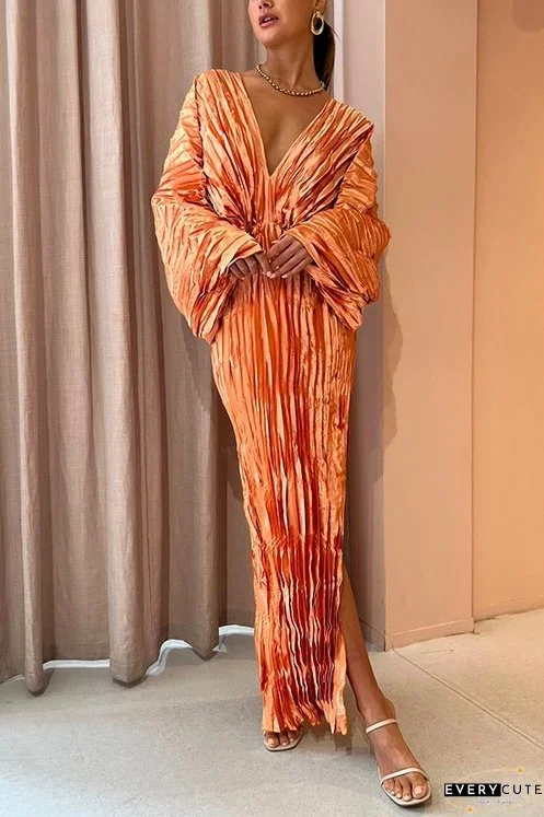 V Neck Bubble Sleeves Side Split Pleated Maxi Dress