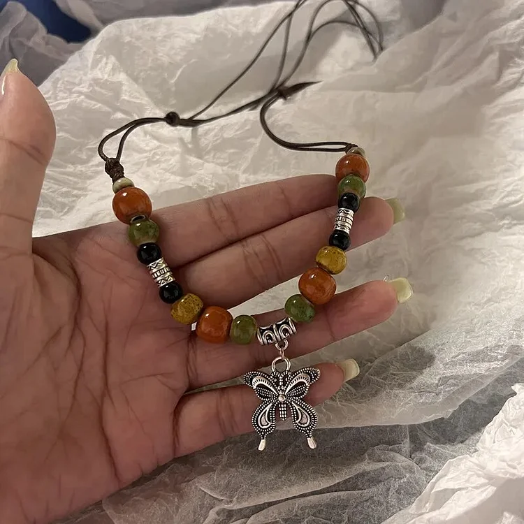 Bohemian Vintage Butterfly Necklace Ceramic Beads Adjustable Pendant Drop Shipping DIY GIFT Handmade