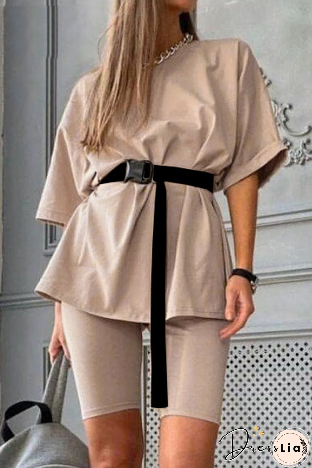 Solid Casual Sport Belted Two Pieces Sets