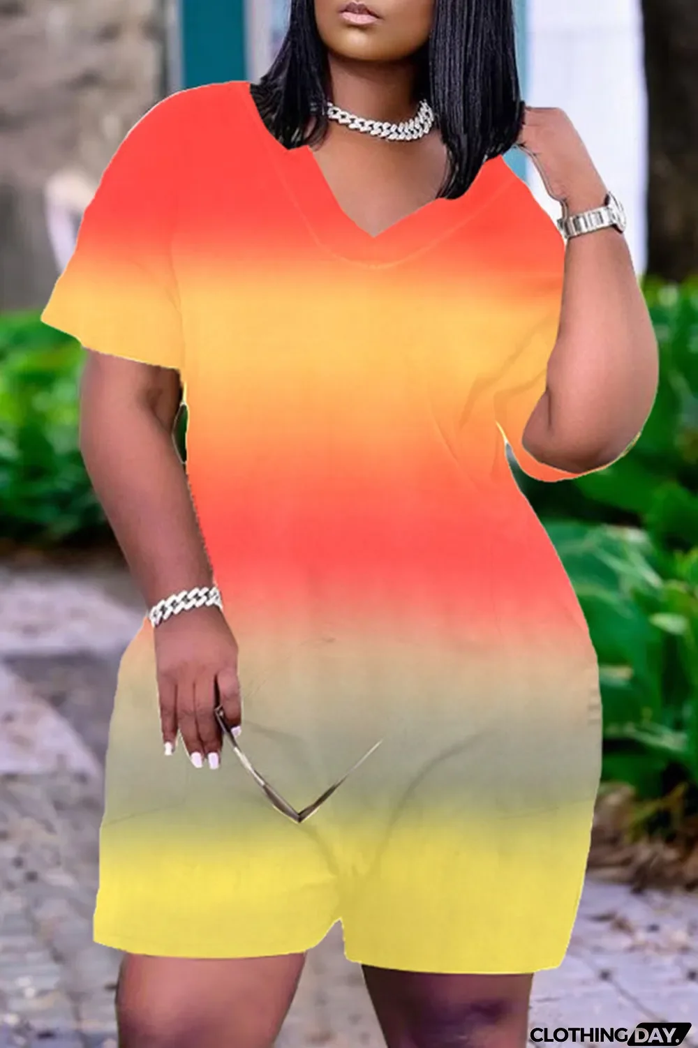 Pink Casual Gradual Change Print Tie-dye O Neck Loose Jumpsuits