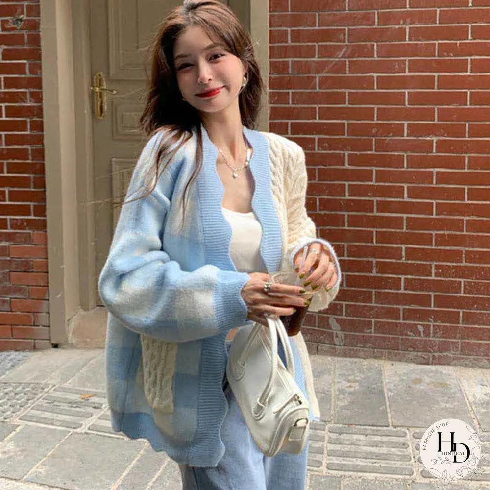 Lattice Print Colorblock Pocket Loose Cardigan Sweater