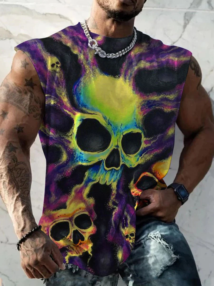 Wearshes Men's Skull Halloween Print Wide Shoulder Vest