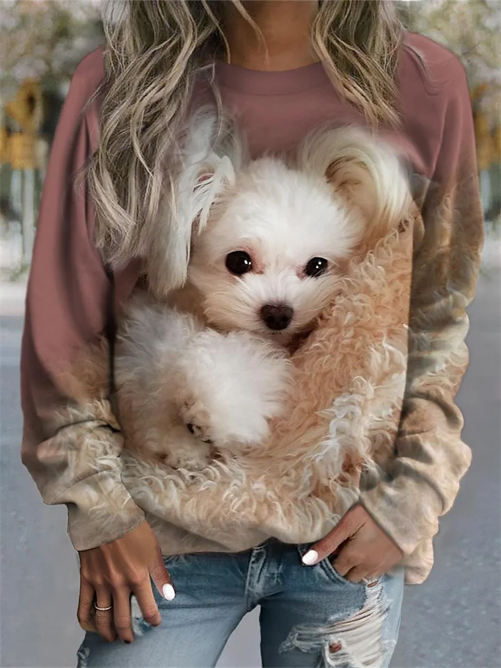 Women's 3D Round Neck Sweater Women's Cute Little Animal Pattern Sweater Women's Cute Puppy Tops-Cosfine