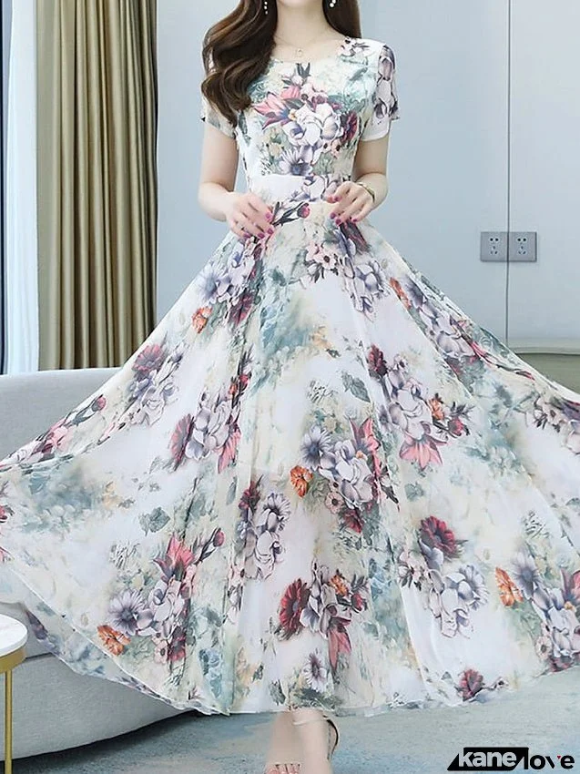 Women's Long Dress Maxi Dress Swing Dress Print Dress Floral Casual Outdoor Daily Vacation Print Short Sleeve Crew Neck Dress Regular Fit White Gray Summer Spring M L XL XXL 3XL
