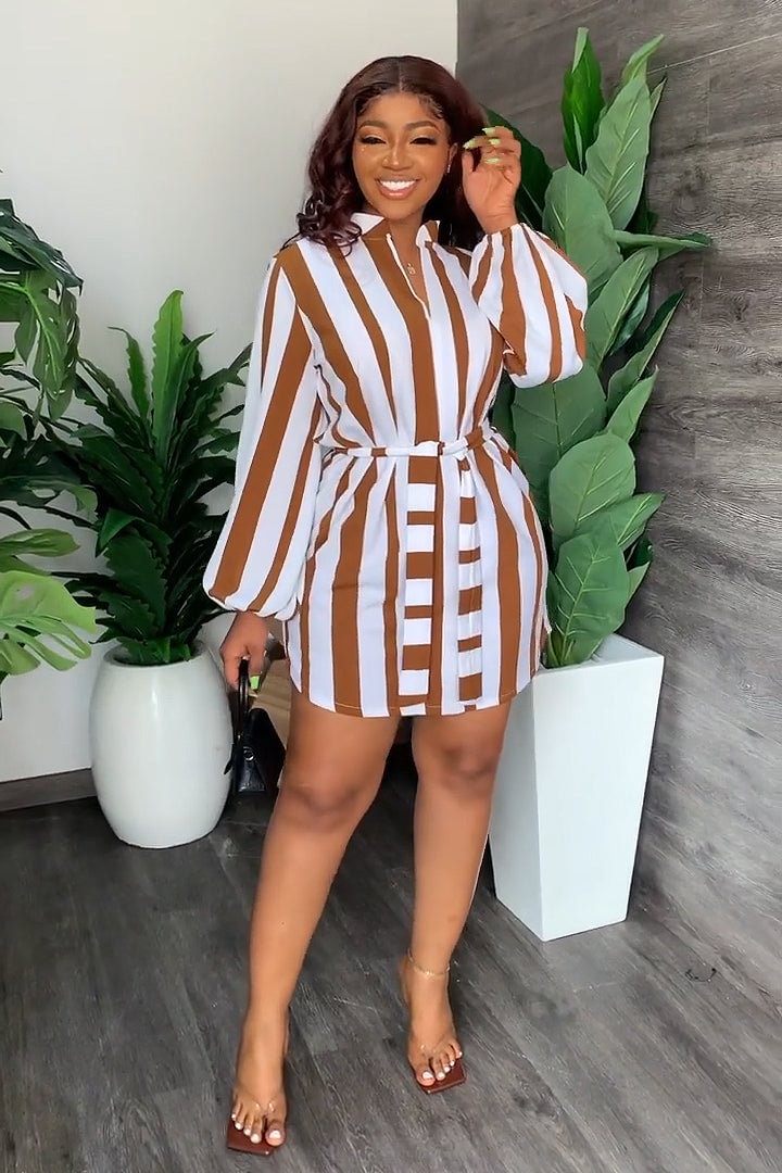 Striped Print Long Sleeve Casual Mini Dresses