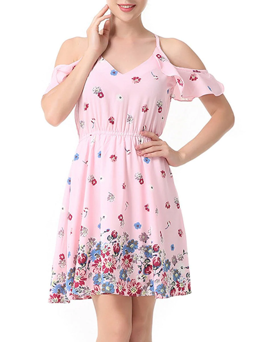 Open Shoulder Elastic Waist Flounce Floral Printed Skater Dress