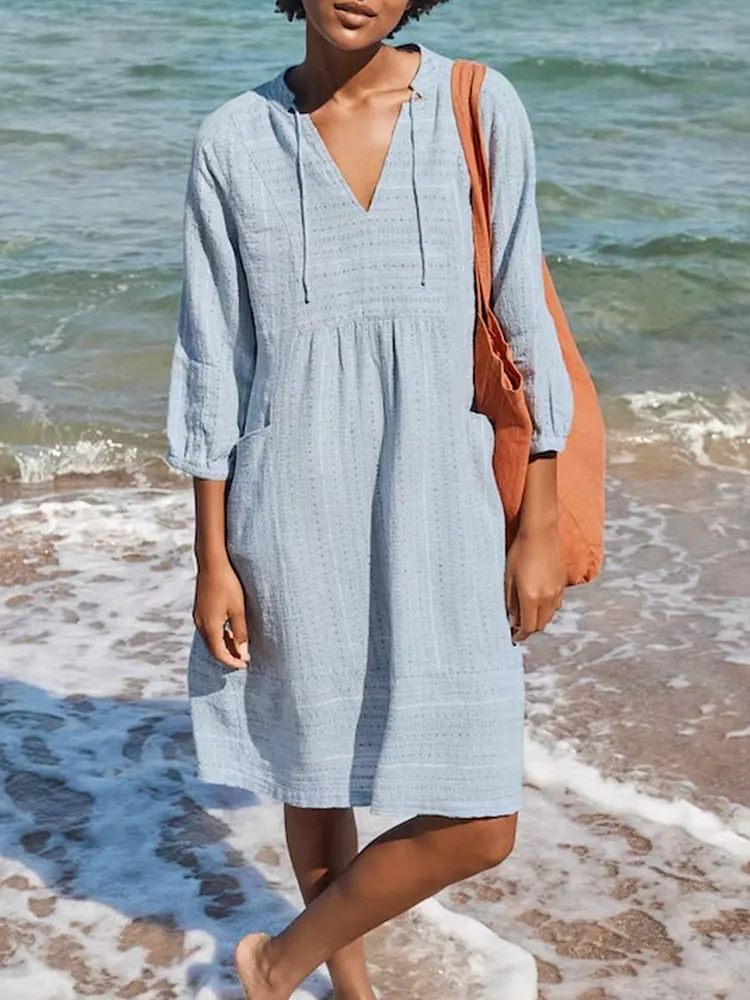 Women's Solid Color Loose Elegant Casual V-neck Pocket Cotton And Linen Dress