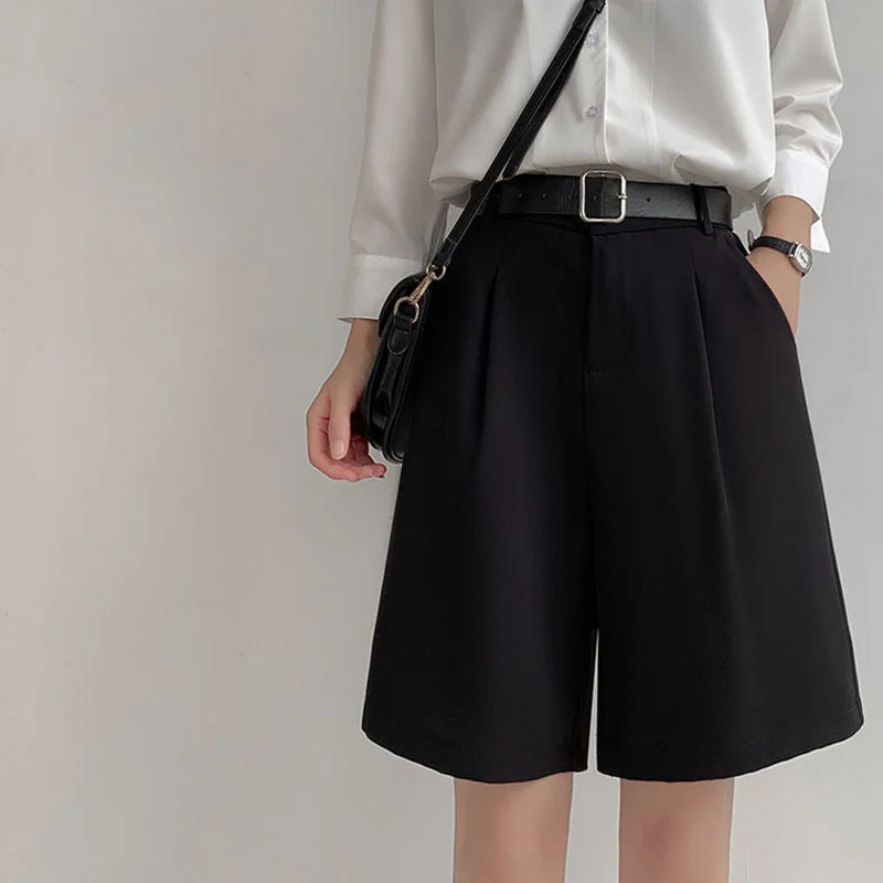 Summer Shorts for Women Wide Leg High Waist Black Loose Korean Style Vintage Female Knee Length Black Gray Suit Shorts DURIKIES