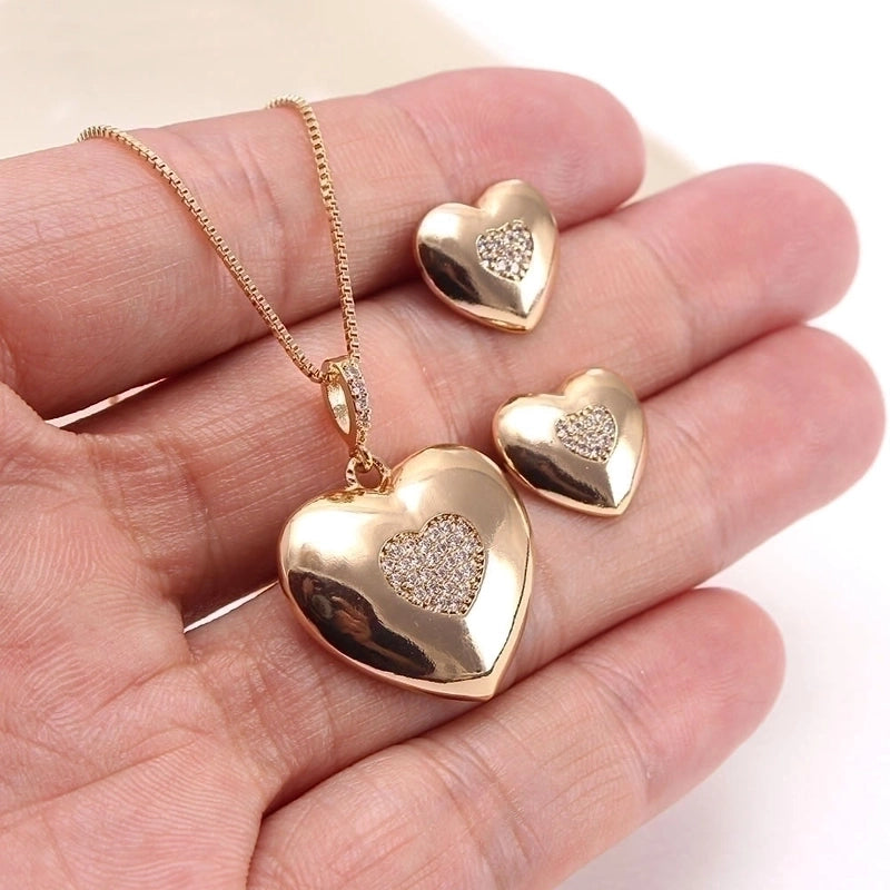 Copper Gold Plated Basic Plating Inlay Heart Shape Zircon Jewelry Set