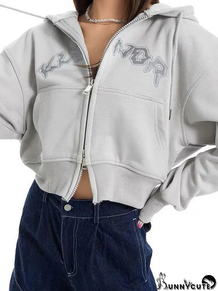 Letter Embroidery Double Zipper Short Oversized Hoodie