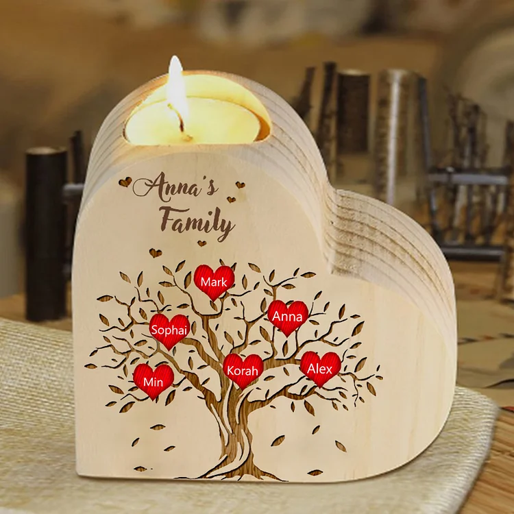 To My Family Wooden Heart Candle Holder Custom 6 Names Family Tree Candlesticks
