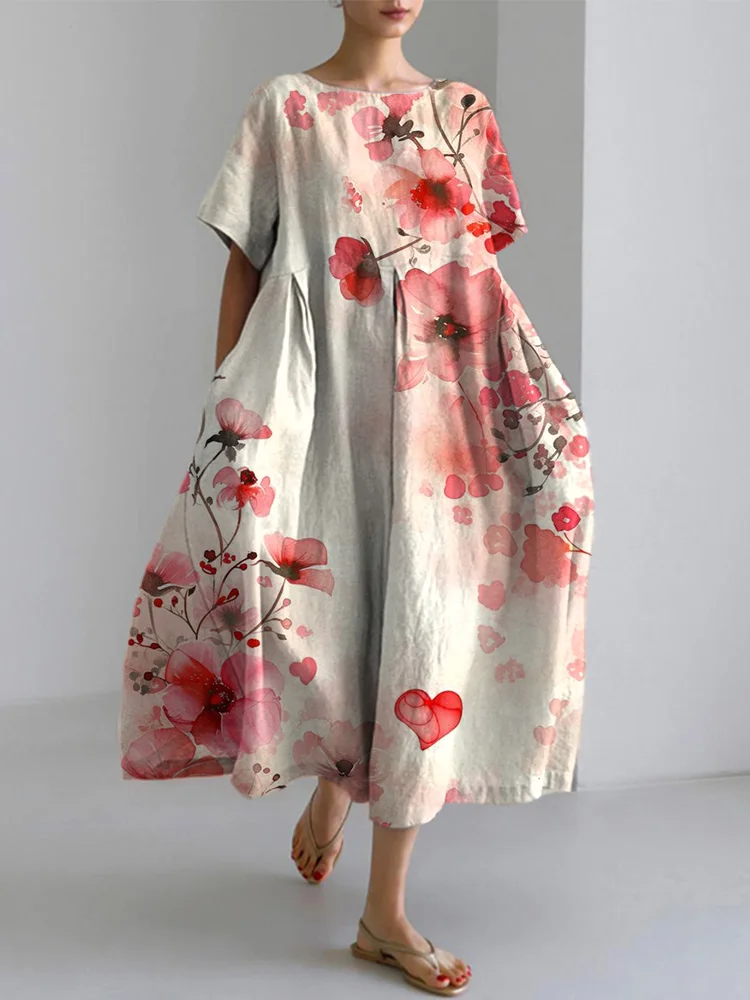 VChics Vintage Floral Watercolor Art Cozy Cotton Linen Dress