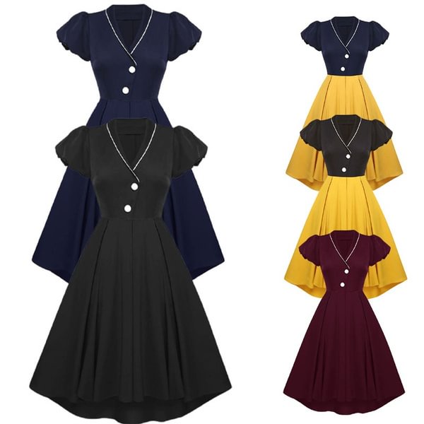 Women Autumn Winter Christmas Dovetail Dress V Neck Puff Sleeve Contrast Color Homecoming Dresses with Invisible Zippper - BlackFridayBuys