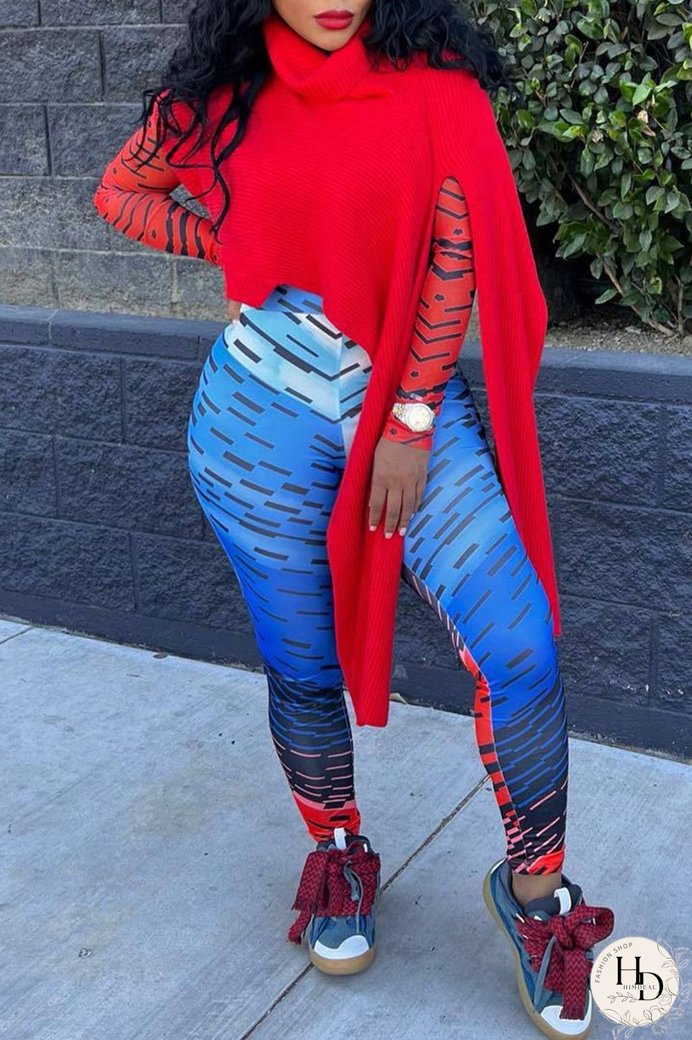 Red Street Solid Patchwork Slit Asymmetrical Turtleneck Tops