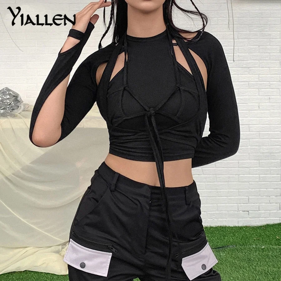 Yiallen Women Spring Casual High Street Stretch Slim Hollow Out Sexy Mini Bodycon Dresses 2021 New Simple Solid Black Dresses