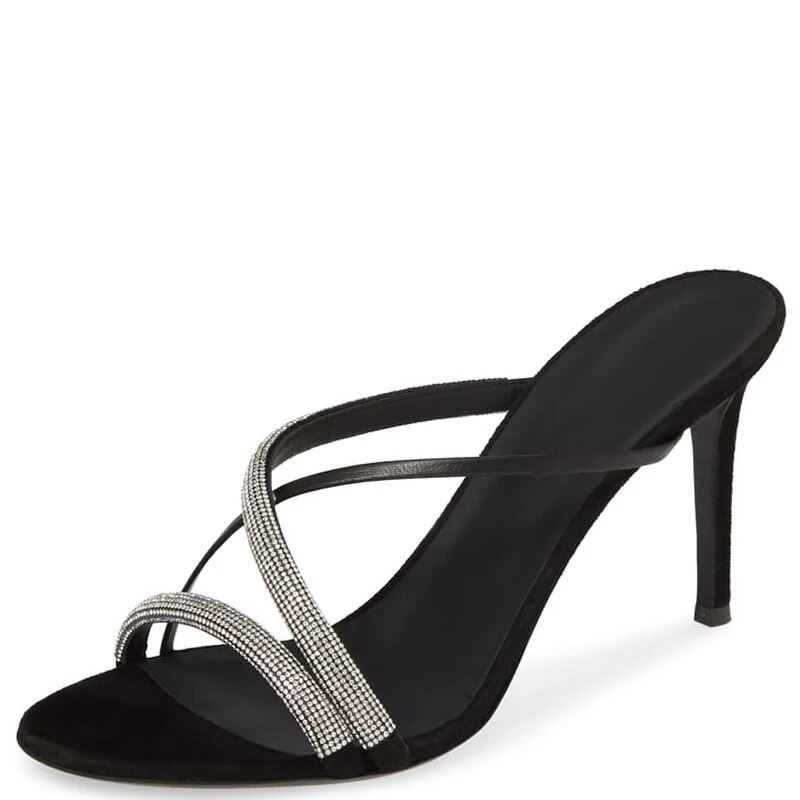 TAAFO Black Crystal High Thin Heels Stilettos Sandals Woman Slides Ladies Party Shoes