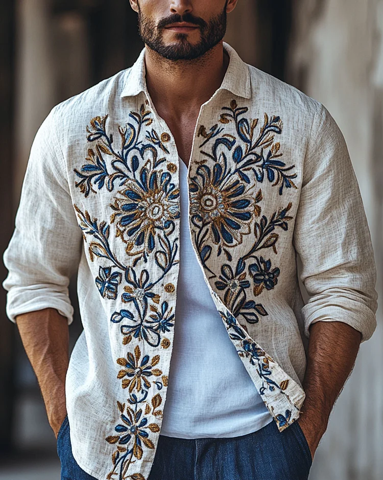 Men's Vintage Embroidered Linen Shirt
