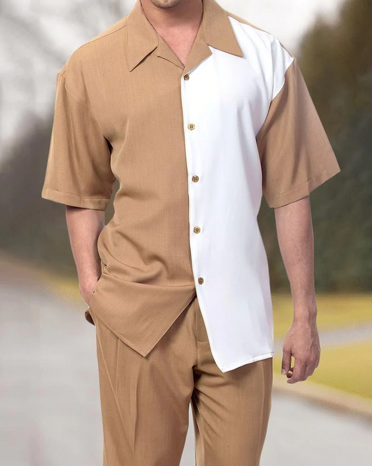 Two Piece Short Sleeve Print Walking Suit Set With Long Pants