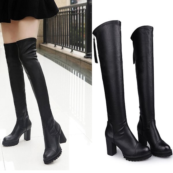 Women Over Knee High Boots Pu Leather Shoes Platform Boot Chunky Mid Heel Long Boot Plus Size Fashion Footwear - Shop Trendy Women's Fashion | TeeYours