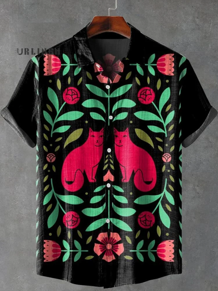 Retro Black Red Cat Floral Print Casual 100% Cotton Shirt