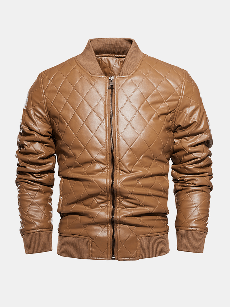 Mens Solid Color Full Zip Velvet Lined PU Leather Jackets