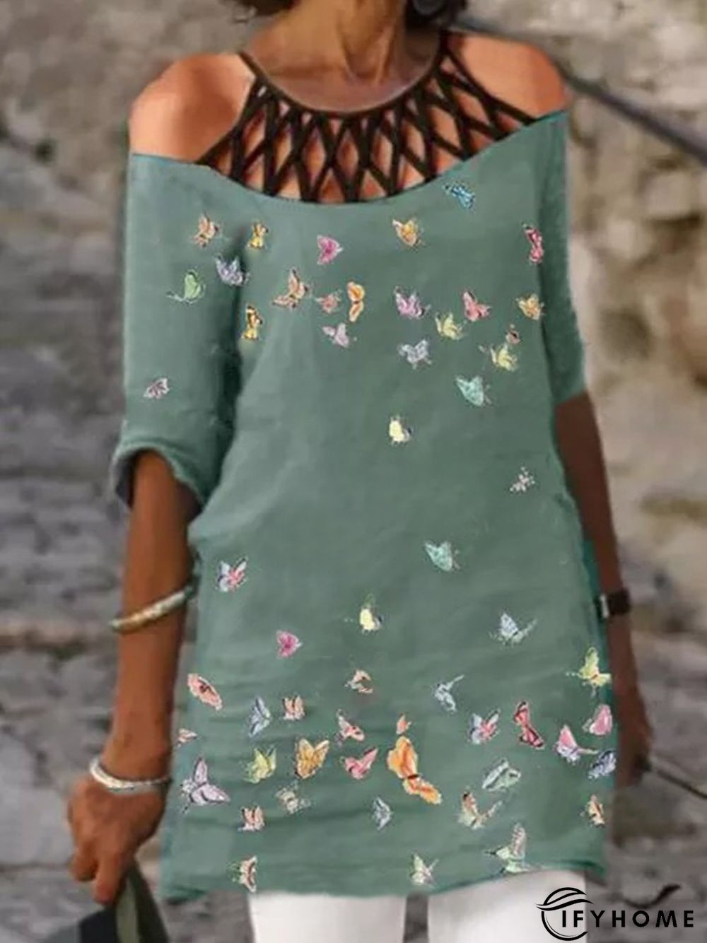 Vintage Half Sleeve Butterflies Printed Casual Tops | IFYHOME