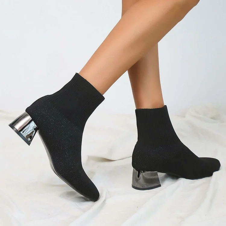 Black Knit Sock Booties Stretch Chunky Block Heel Ankle Boots
