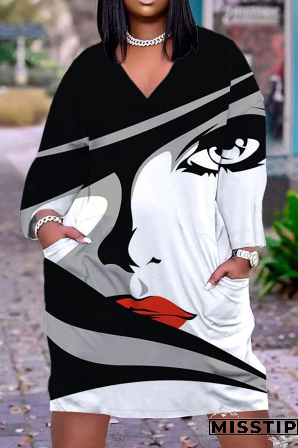 Grey Black Casual Street Print Patchwork V Neck Printed Dress Dresses