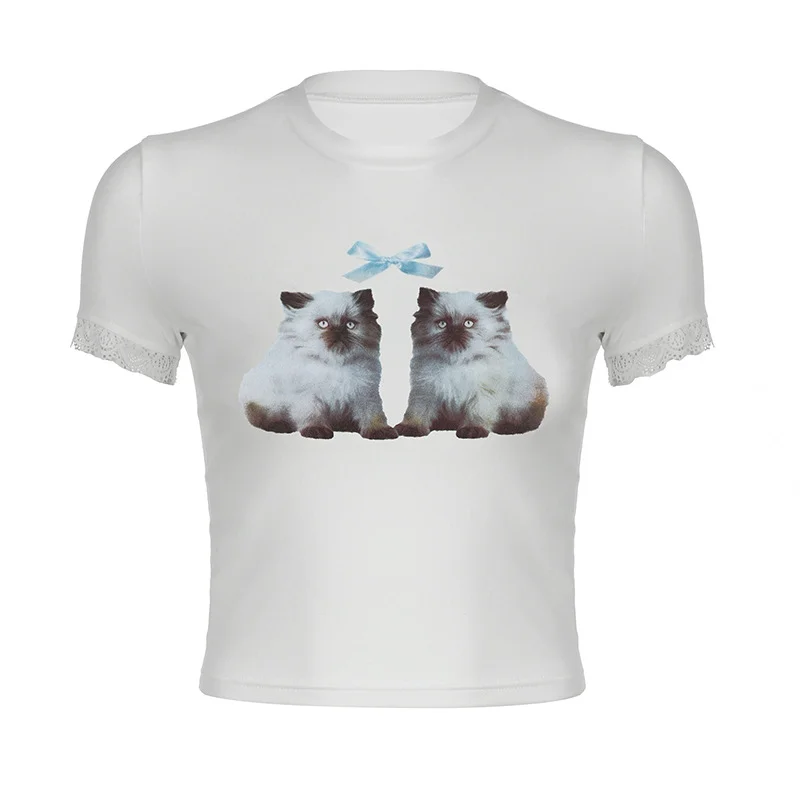 Ueong Summer New Ins Style Street Girls Slim, Thin, Short Sleeves, Cat Bowtie Printed T-Shirts