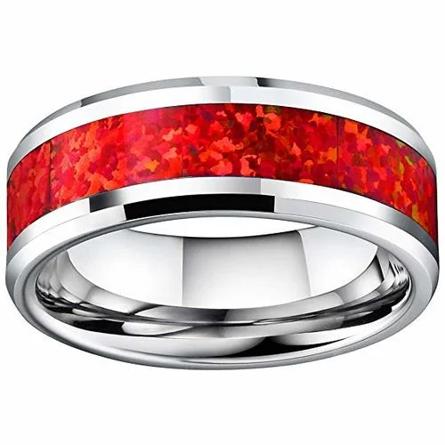 6MM 8MM Women's Or Men's Red Opal Inlay Mens Tungsten Carbide Wedding Matching Rings with Silver Tone Comfort Fit High Polished