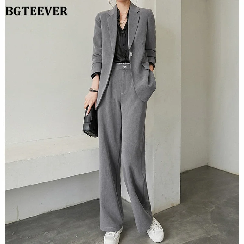 BGTEEVER 2021 Spring Office Wear Blazer Pant Suit Two Pieces Set Women One Button Suit Jacket & Wide Leg Pant Elegant Blazer Set